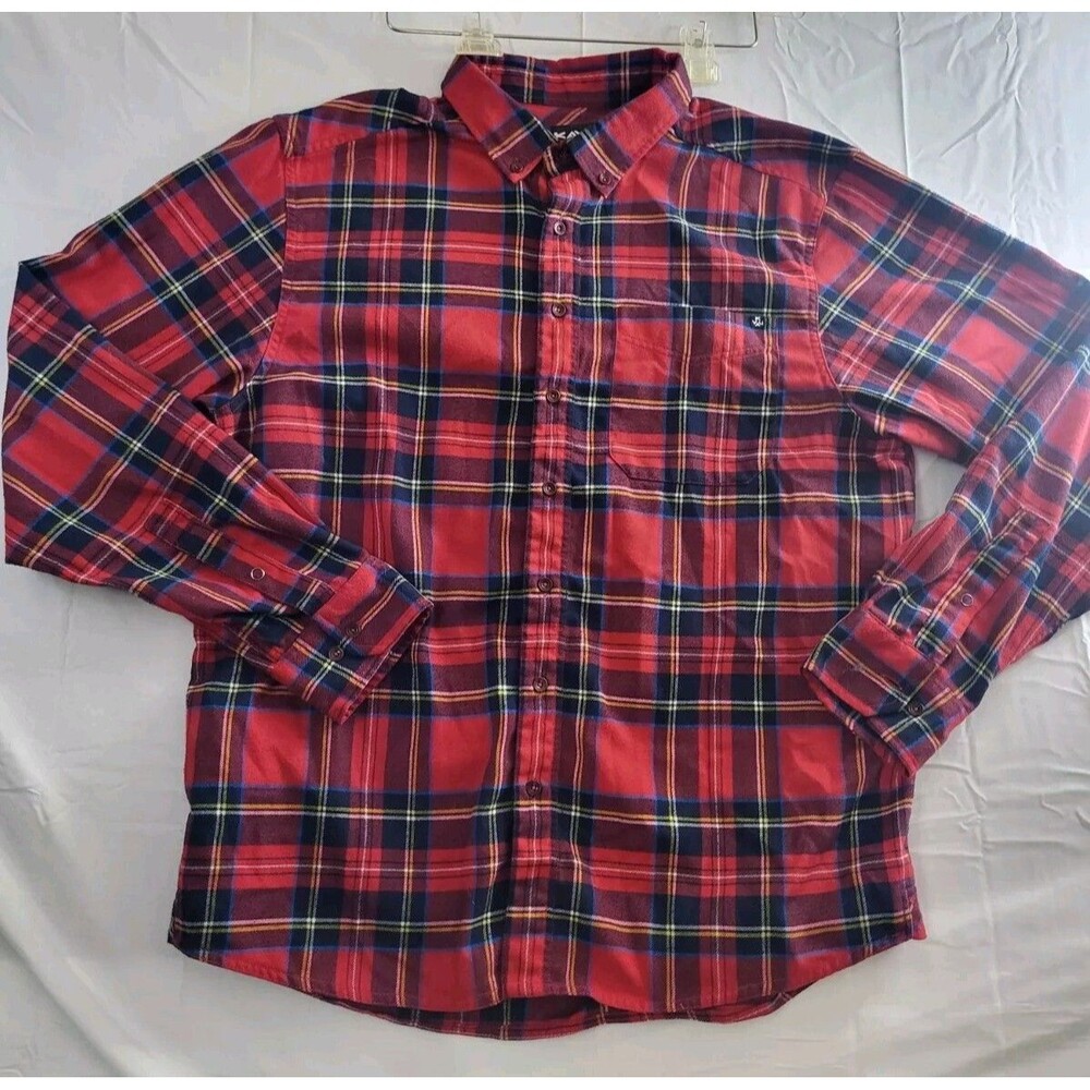 Kavu Flannel Shirt Mens Size XL Red Blue Plaid Button Down Long Sleeve